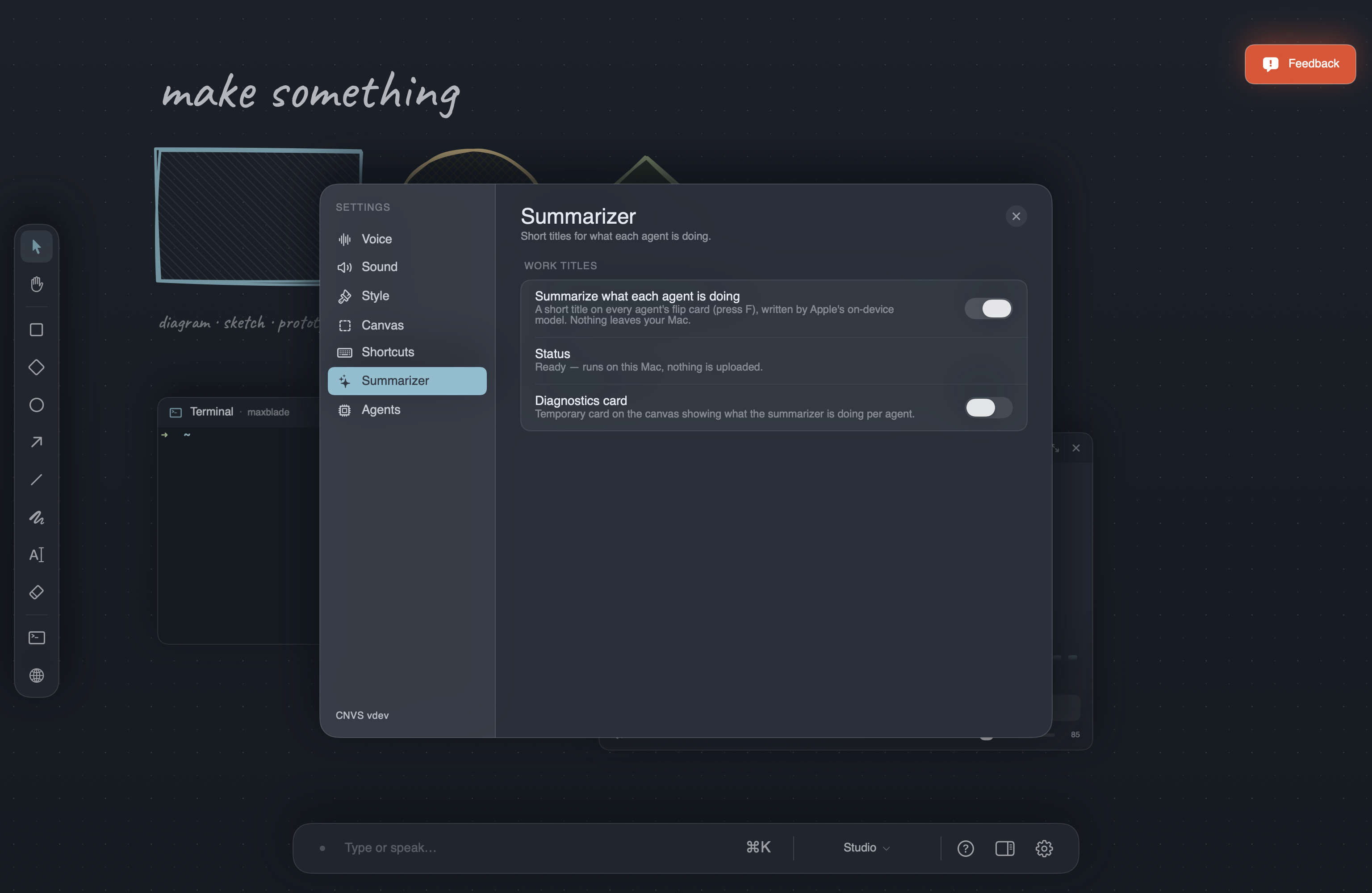 Settings ▸ Summarizer, with the on-device toggle and availability line